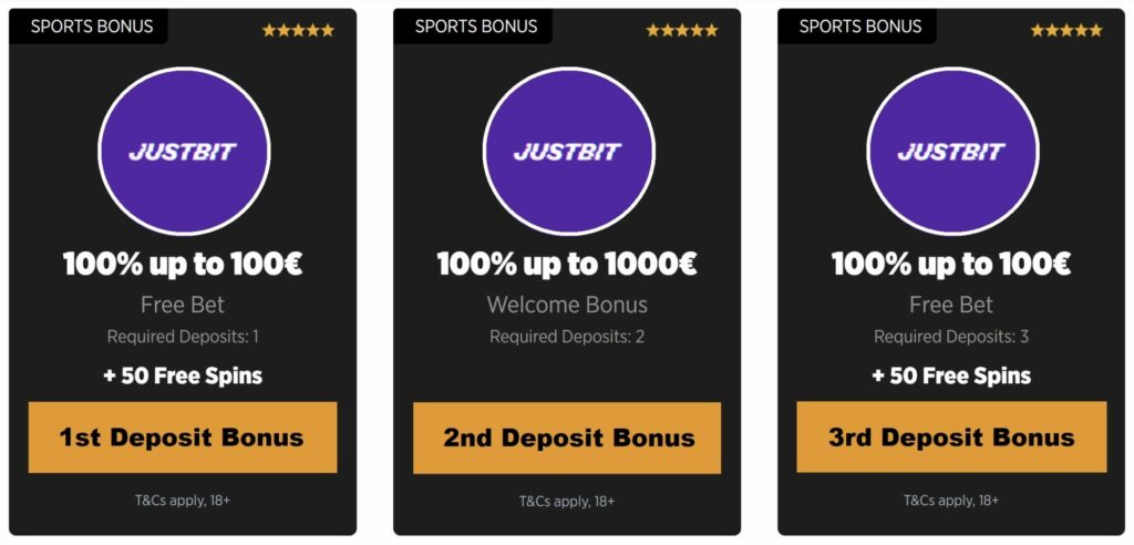 Justbit Sports Welcome Bonus for first 3 deposits